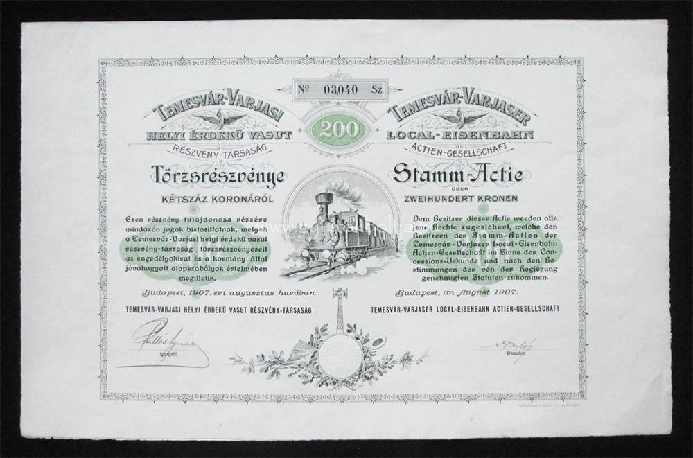 Temesvár-Varjasi Vasút törzsrészvény 200 korona 1907 (ROU)